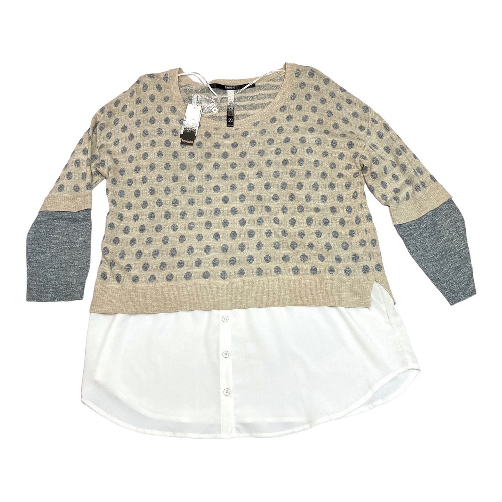 Kensie Sweater NEW with Faux Blouse Beige and Gray Polka Dot Size L
